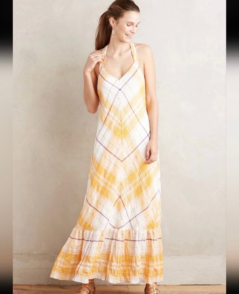 Holding Horses Anthropologie Size Small Clementine Maxi Dress Mango Gold Cotton